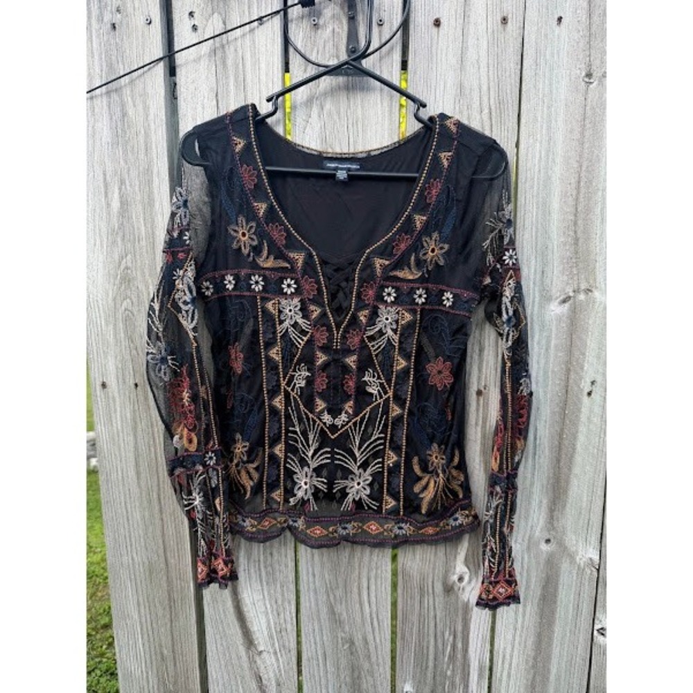 Boho Embroidered Mesh Lace Up American Eagle Top Womens Medium Black